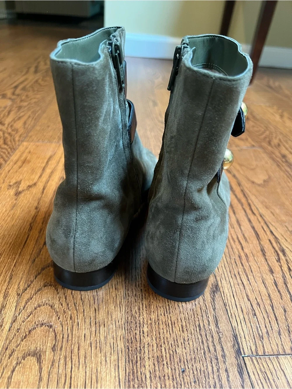 Michael Kors Olive Suede Ankle Boots with Black Straps & Gold Buttons